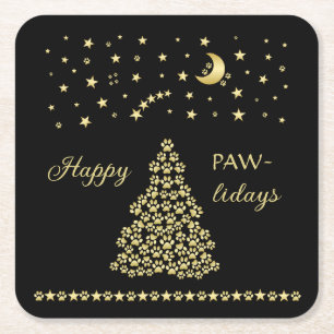 Happy Pawlidays, Gold shiny Paw Christmas tree Square Paper Coaster