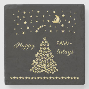 Happy Pawlidays, Gold shiny Paw Christmas tree Stone Coaster