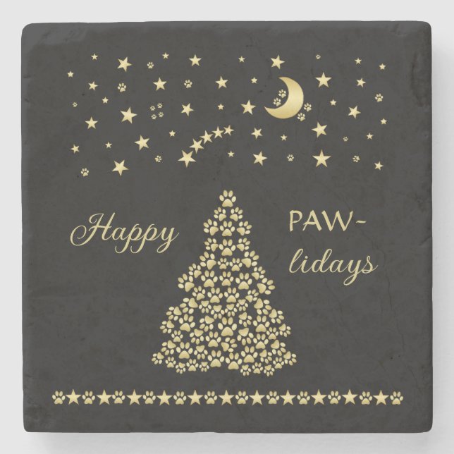 Happy Pawlidays, Gold shiny Paw Christmas tree Stone Coaster (Front)