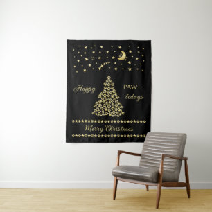 Happy Pawlidays, Gold shiny Paw Christmas tree Tapestry