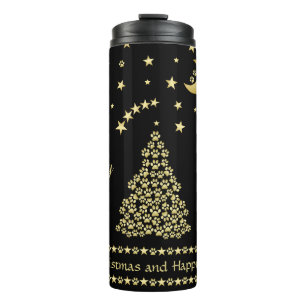 Happy Pawlidays, Gold shiny Paw Christmas tree Thermal Tumbler