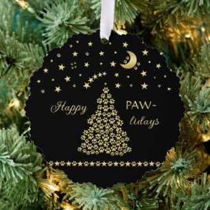 Happy Pawlidays, Gold shiny Paw Christmas tree Tree Decoration Card