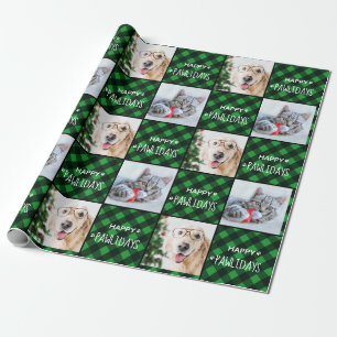 Happy Pawlidays Green Buffalo Plaid Dog Pet Photo Wrapping Paper