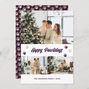 Happy Pawlidays Modern Purple Gold Photo Holiday Card