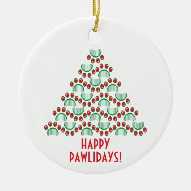 Happy pawlidays, paw print forming Christmas tree Ceramic Tree Decoration (Front)