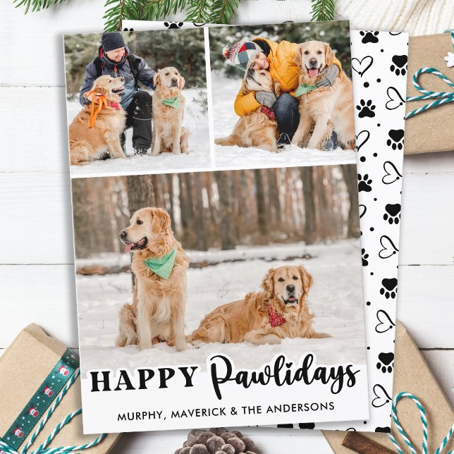 Happy Pawlidays Personalised Cute Pet Dog 3 Photo Holiday Card (Creator Uploaded)