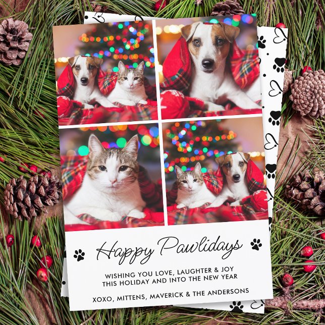 Happy Pawlidays Personalised Dog Cat Pet 4 Photo Holiday Card (Creator Uploaded)