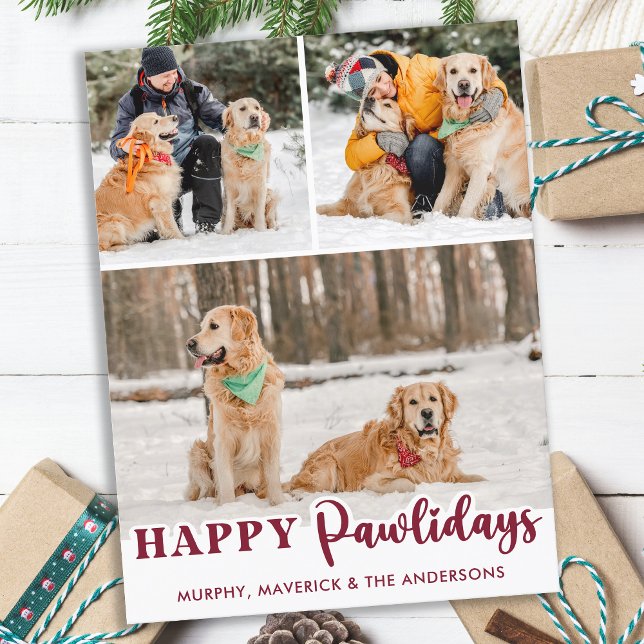 Happy Pawlidays Personalised Modern Dog 3 Photos  Holiday Postcard (Creator Uploaded)