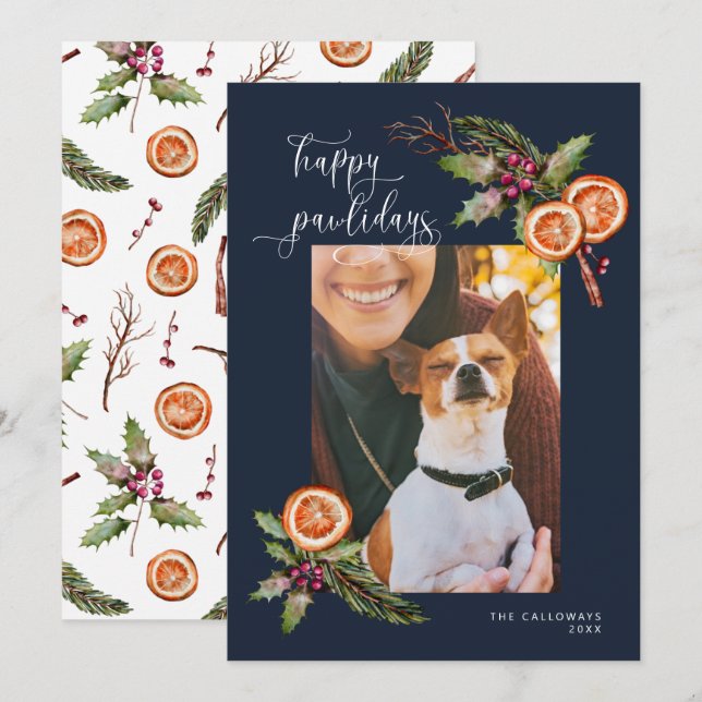 Happy Pawlidays Pet Photo Christmas Blue Holiday C Card (Front/Back)