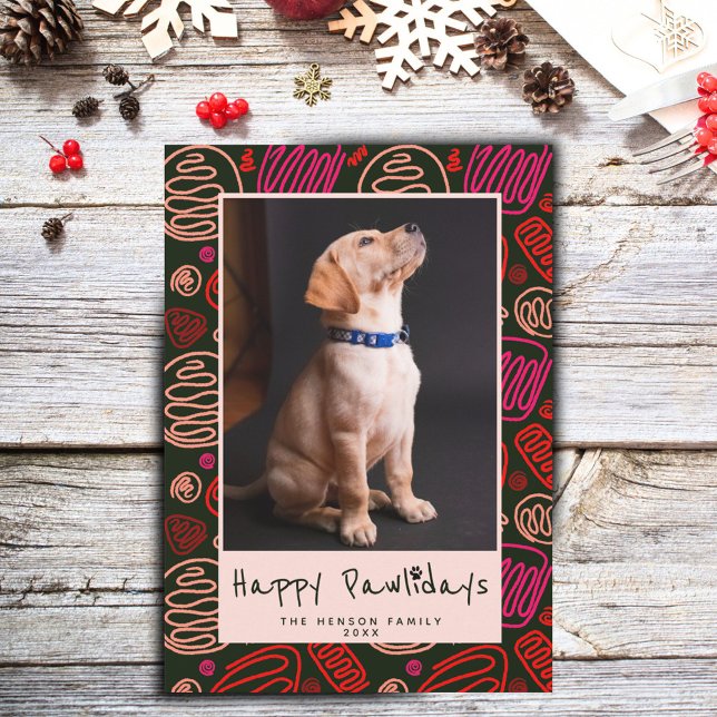 Happy Pawlidays Pink Black One line Dog Photo  Holiday Card (Creator Uploaded)