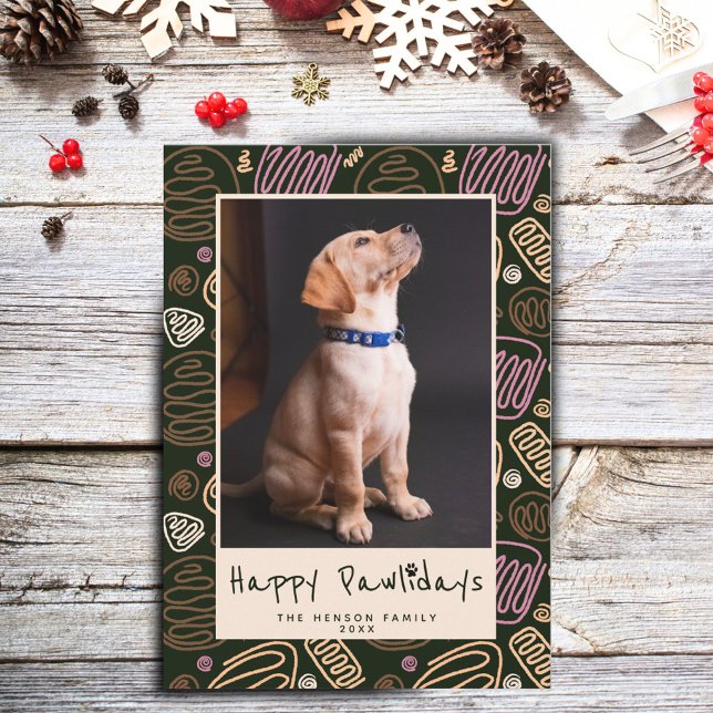 Happy Pawlidays Pink Black One line Pet Photo Holi Holiday Card (Creator Uploaded)