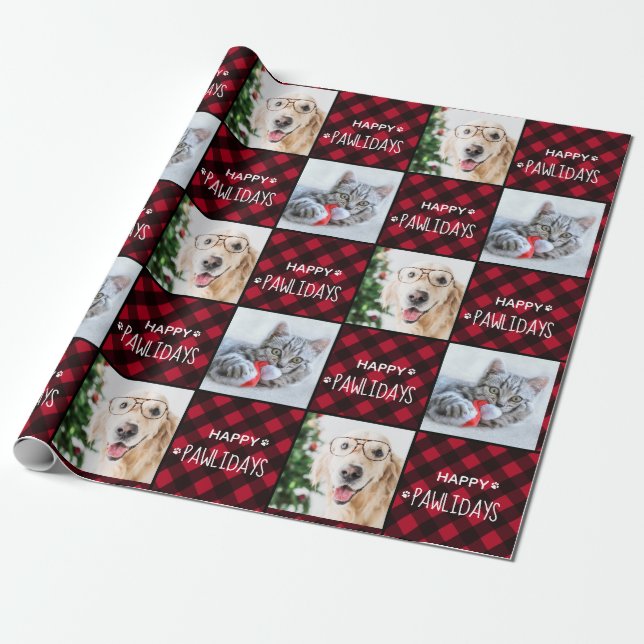 Happy Pawlidays Red Buffalo Plaid Custom 2 Photo   Wrapping Paper (Unrolled)