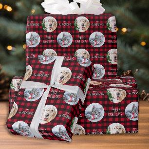 Happy Pawlidays Red Buffalo Plaid Custom Pet Photo Wrapping Paper