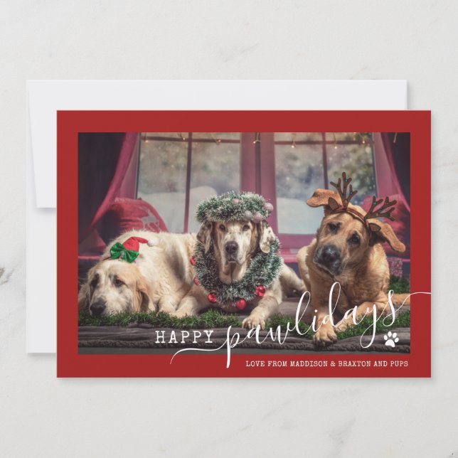 Happy Pawlidays Red Dog Pet Photo Christmas Holiday Card (Front)