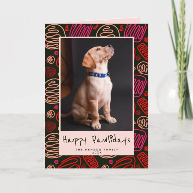 Happy Pawlidays Red One Line Pattern Dog Pet Photo Holiday Card (Front)