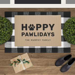 Happy Pawlidays Rustic Tan Family Name Doormat