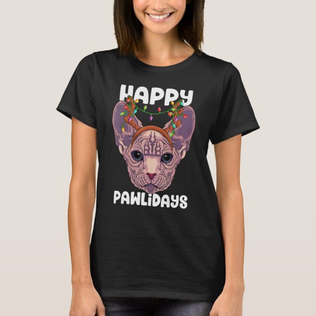 Happy Pawlidays Sphynx Christmas Paw Cat Holidays T-Shirt (Front)