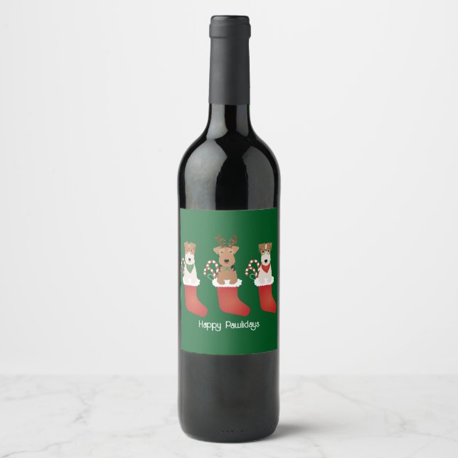 Happy Pawlidays Welsh Wire Fox Terrier Dogs Wine Label (Front)