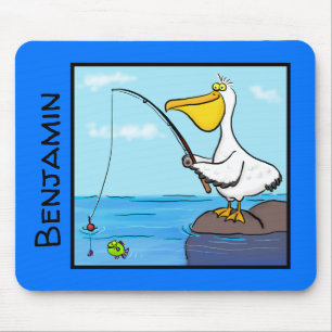 Happy pelican with fishing pole cartoon mouse pad