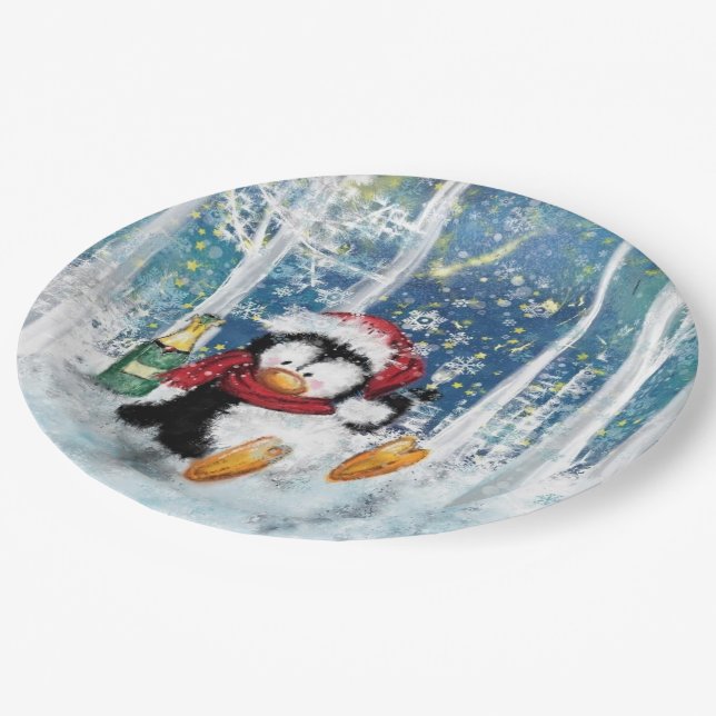 Happy Penguin - Christmas Paper Plate (Angled)