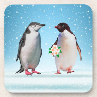Happy Penguin Couple, One Holding Flowers