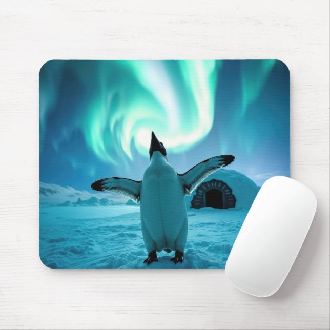 Happy Penguin Dancing Under Northern Lights Mouse Pad (With Mouse)