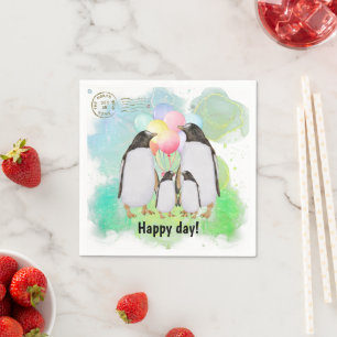 Happy penguin family with colorful balloons napkin