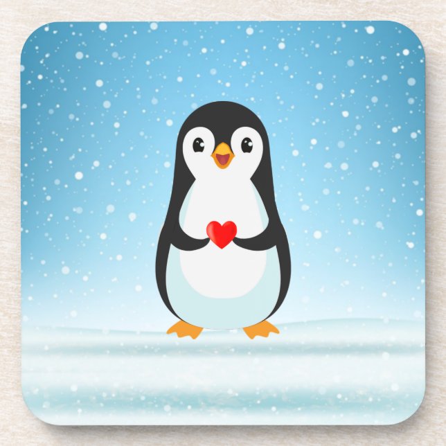 Happy Penguin Holding a Heart Coaster (Front)