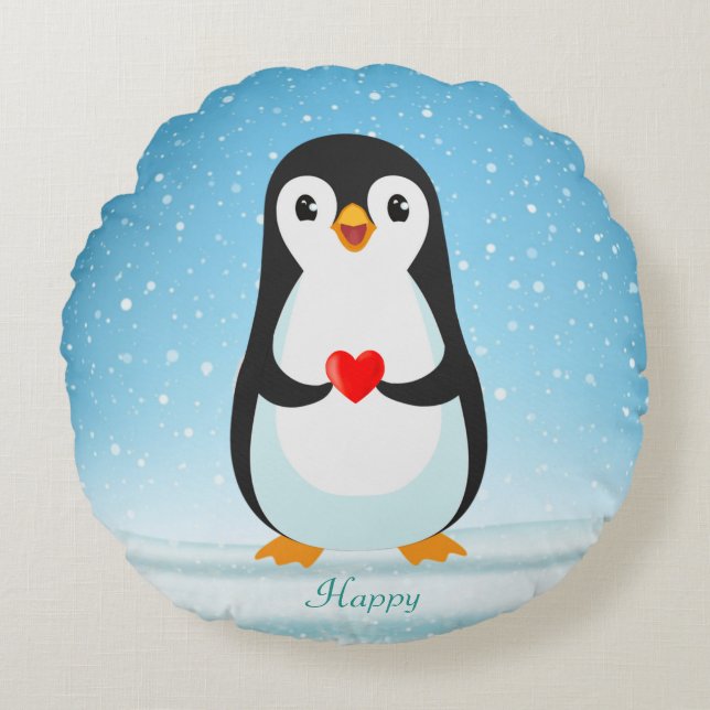 Happy Penguin Holding a Heart Round Cushion (Front)