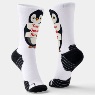 Happy penguin holding a sign to personalize socks