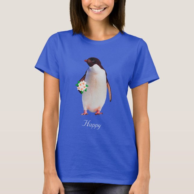 Happy Penguin Holding Flowers T-Shirt (Front)