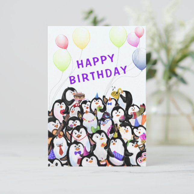 Happy Penguins Party Birthday Card (Standing Front)