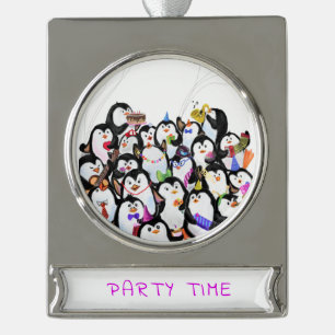 Happy Penguins Party Cartoon Drawing - Christmas Silver Plated Banner Ornament