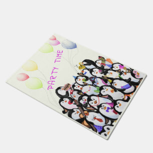 Happy Penguins Party Cartoon Drawing - Cute Funny Doormat