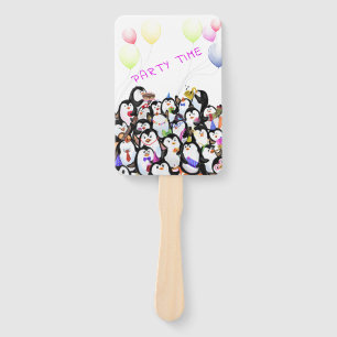 Happy Penguins Party Cartoon Drawing - Cute Funny Hand Fan
