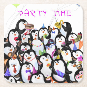 Happy Penguins Party Cartoon Drawing - Cute Funny Square Paper Coaster