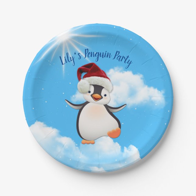 Happy Penguins, Santa-hats Paper Plate (Front)