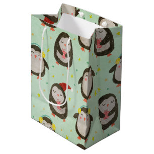 Happy Penguins Wearing Santa Hats w/Ear Muffs Medium Gift Bag
