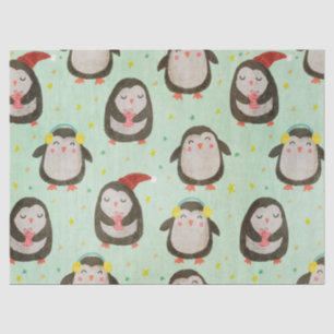Happy Penguins Wearing Santa Hats w/Ear Muffs Tissue Paper