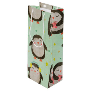 Happy Penguins Wearing Santa Hats w/Ear Muffs Wine Gift Bag
