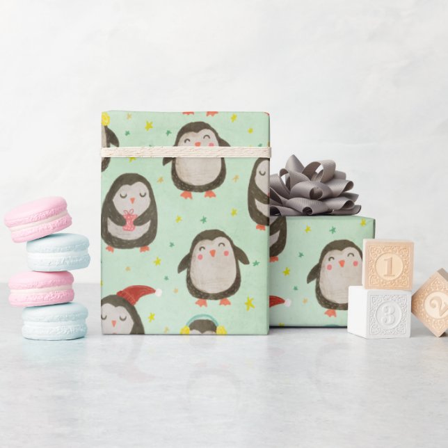Happy Penguins Wearing Santa Hats w/Ear Muffs Wrapping Paper (Baby Shower)