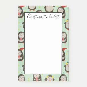 Happy Penguins Wearing Santa Hats w/Ear To Do List Post-it Notes