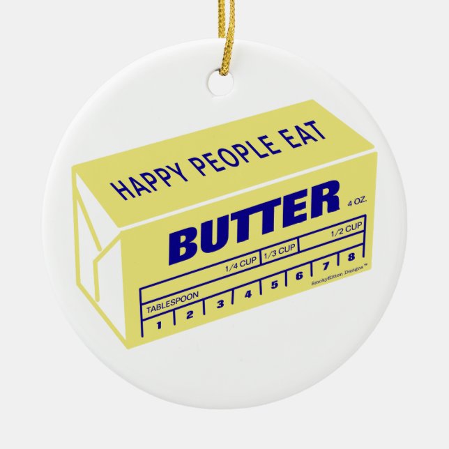 Happy People Eat Butter (Blue) Ceramic Tree Decoration (Front)