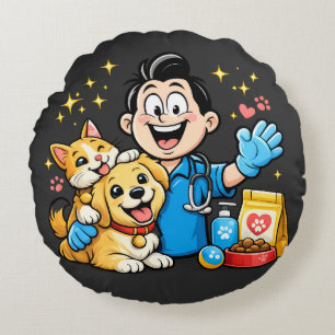 Happy Pet Care Mascot Cute Animal Cartoon Art Round Cushion