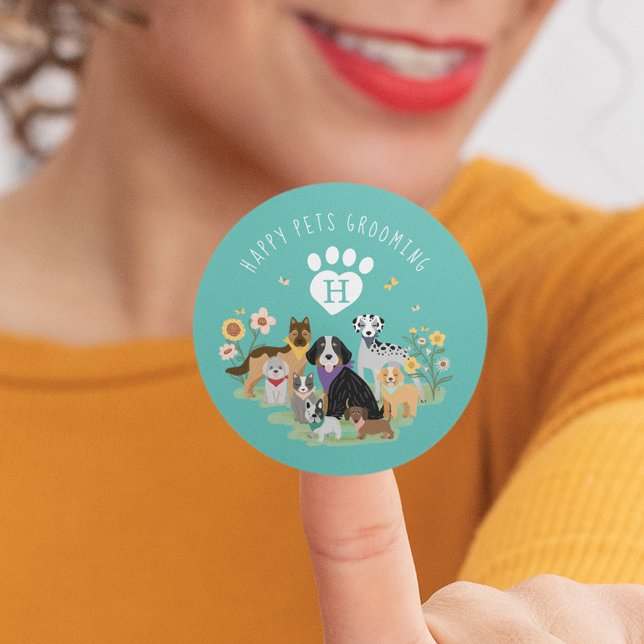 Happy Pet Family Pet Care & Grooming Monogram Teal Classic Round Sticker (Creator Uploaded)
