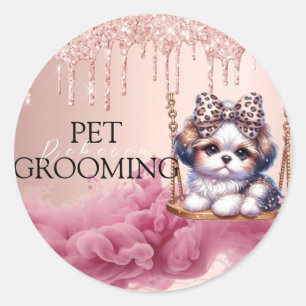 Happy Pet Family Pet Care & Grooming Monogram Teal Classic Round Sticker