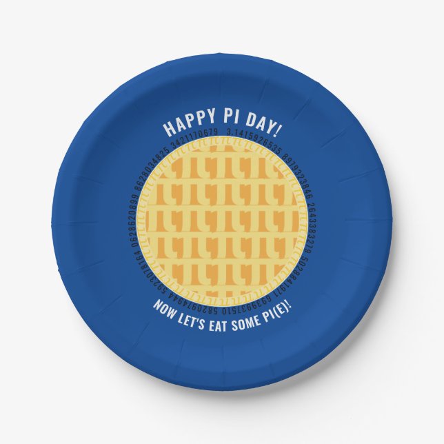 Happy Pi Day w/ 100+ Digits Lattice Apple Pie Blue Paper Plate (Front)