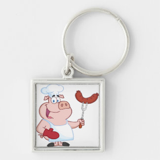 Happy Pig Chef With Sausage Fork Key Ring