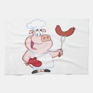 Happy Pig Chef  With Sausage Fork Tea Towel