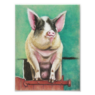 happy pig in pastel animal painting photo print